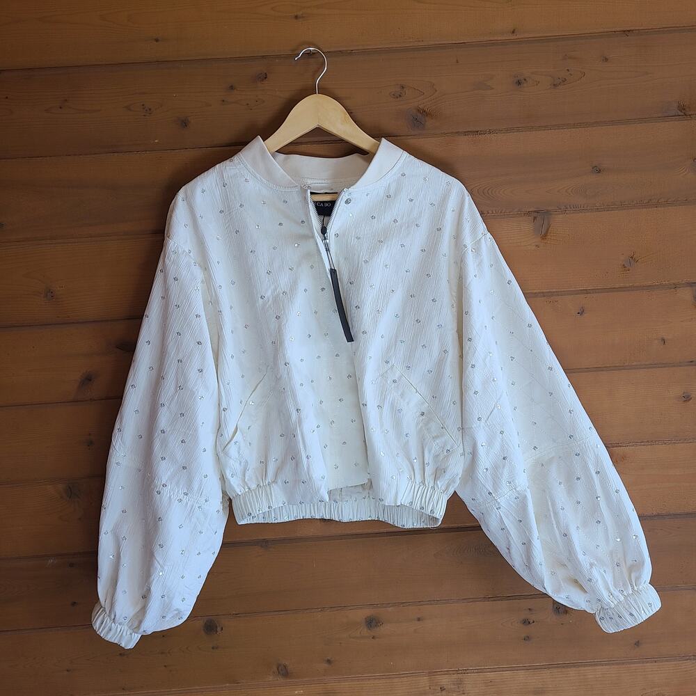 Dolce Cabo Bomber Jacket Bridal Embellished Balloon Sleeve Chic Ivory NWT Large - Picture 2 of 7